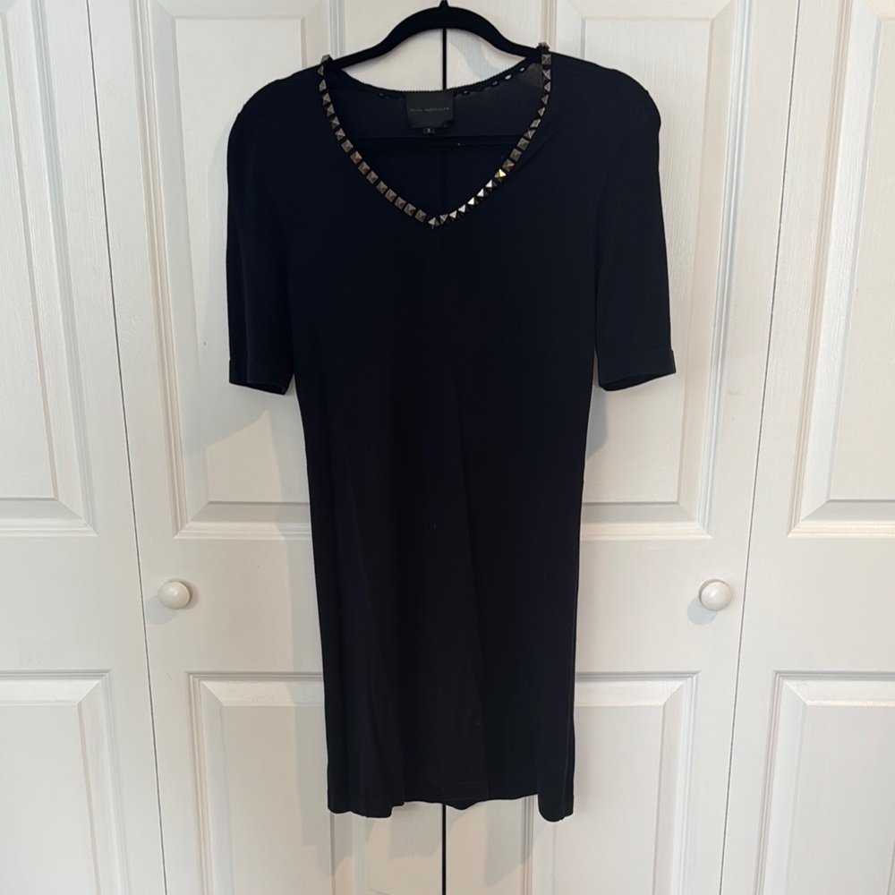 Hotel Particulier Navy 100%silk knit Dress with Studded V-Neck size s